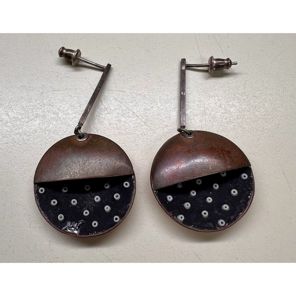 Marcia Meyers Dotted Pod Earrings Copper, Enamel, Silver, & Fired Glass Beads